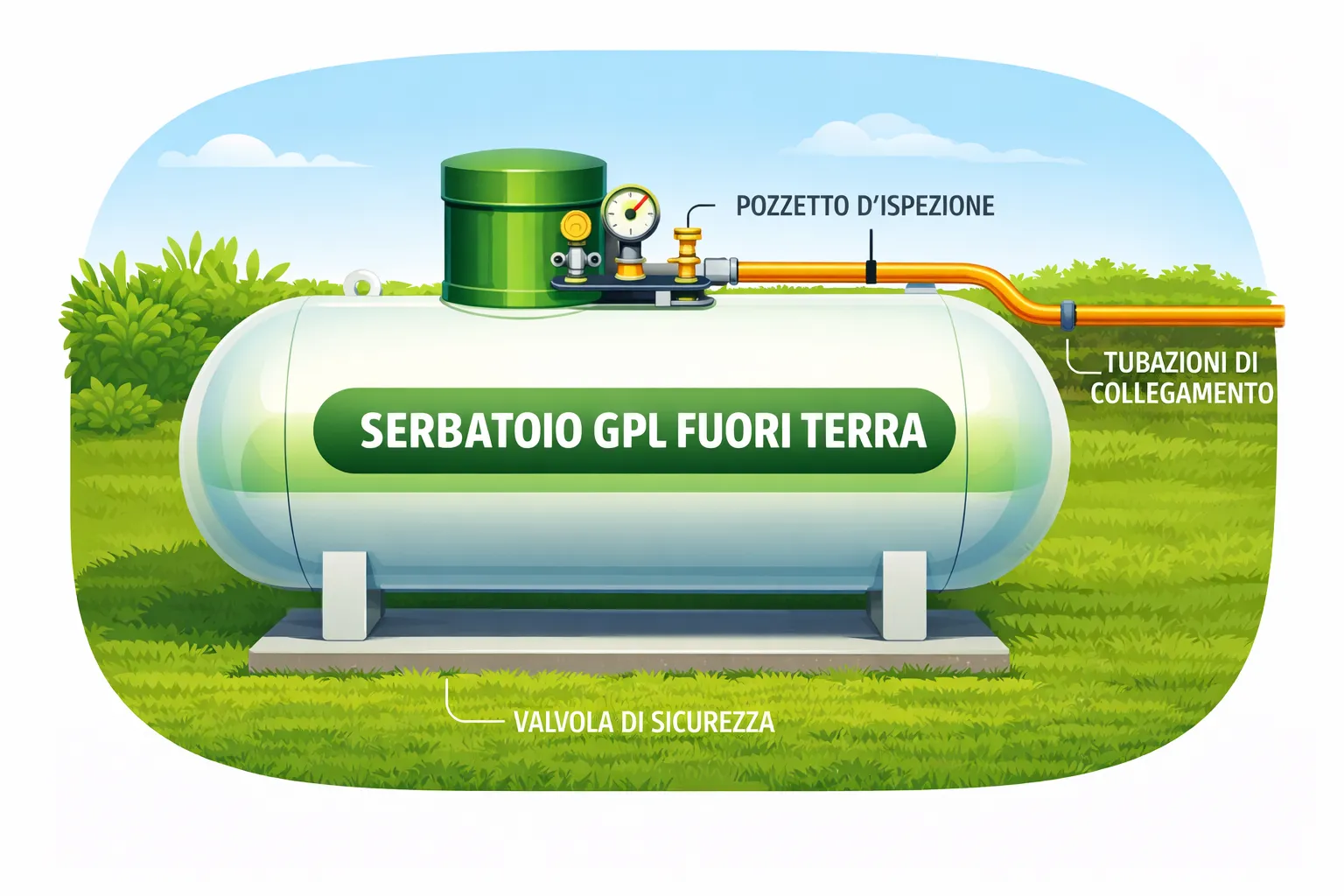 Schema di un serbatoio GPL fuori terra con pozzetto d’ispezione, tubazioni di collegamento e valvola di sicurezza