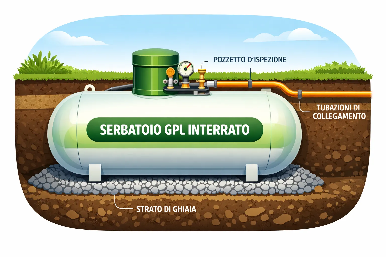 Schema di un serbatoio GPL interrato con pozzetto d’ispezione, tubazioni di collegamento e strato di ghiaia